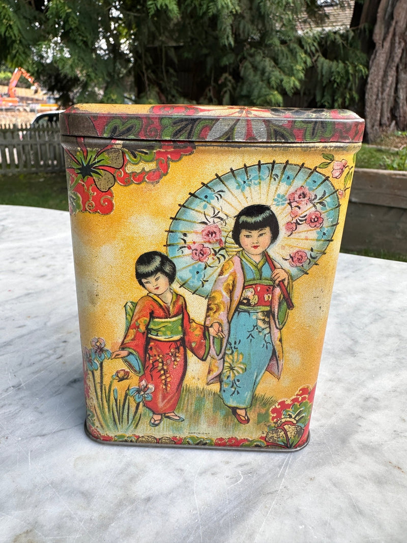 Vintage Oriental Design Yellow Tea / Vintage Food Container TinVintage FrogTins