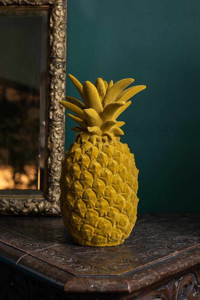 Yellow Mustard Flock Covered Pineapple OrnamentVintage FrogBrand New
